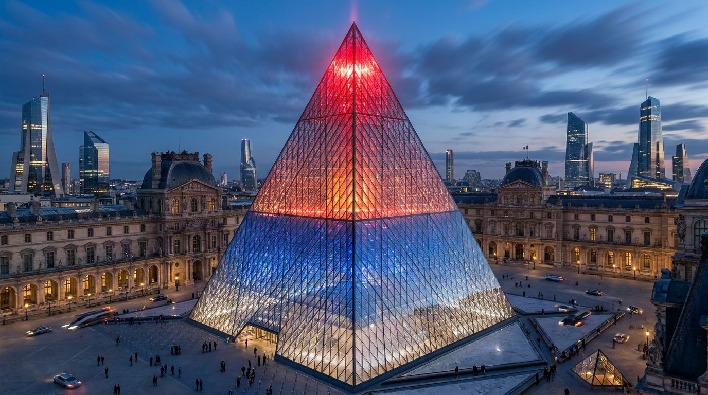 A dramatic, towering, modern architectural pyramid, constructed from sleek, illuminated panels. The top panels glow an intense, alarming red, transitioning down through vibrant orange and cool blue to a subtle white light at its wide, stable base, signifying a gradient of risk in a futuristic, European city at twilight. High-angle, wide shot.