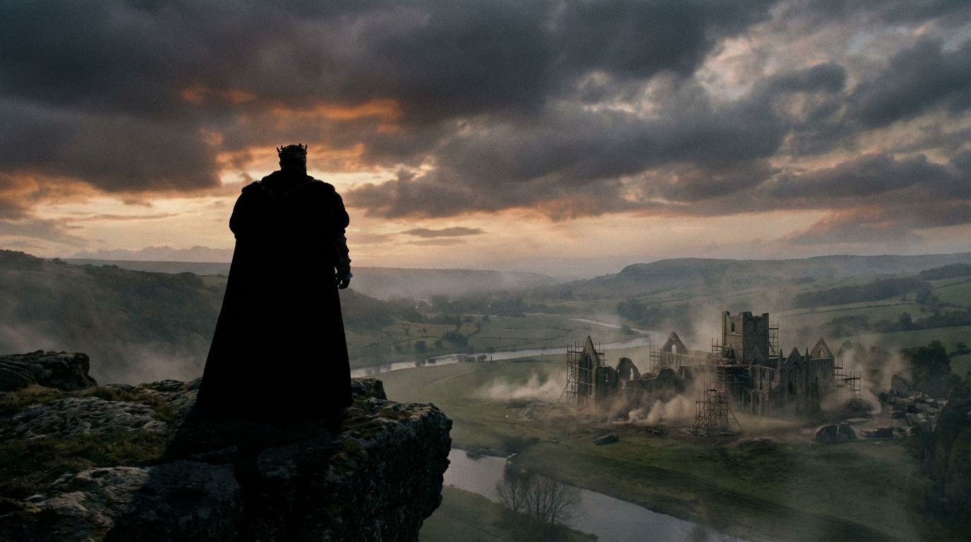 A dramatic wide-angle photograph of a powerful, shadowy silhouette of King Henry VIII, in regal attire, standing at the edge of a cliff overlooking a vast English landscape. In the distance, a grand medieval monastery is visibly being dismantled, symbolizing the dissolution of the old order under a stormy, historic sky.