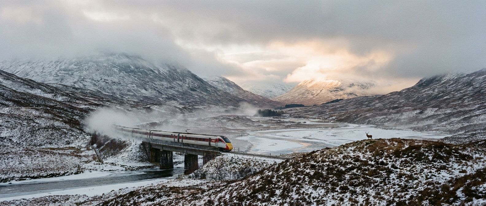 A dramatic wide-angle photograph of a powerful British train speeding through a misty, snow-dusted valley in the Scottish Highlands. The light is soft and atmospheric, with hints of a brighter sky breaking through distant clouds, suggesting a subtle shift in the intense, cold landscape.