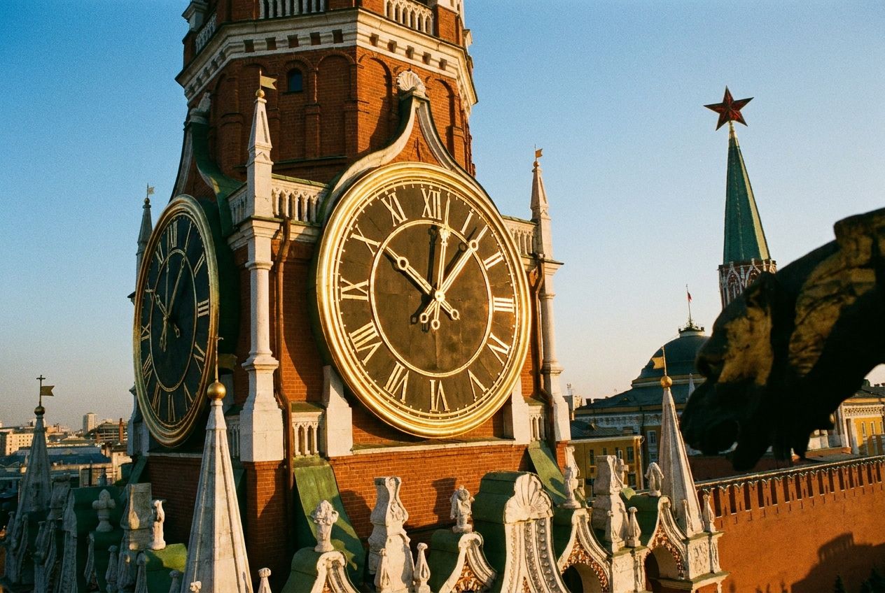 A dramatic, low-angle photograph of the ornate clock face of the Spasskaya Tower in Moscow, bathed in the warm, golden light of late afternoon, with deep shadows emphasizing its intricate details, composed for a 3:2 landscape frame.