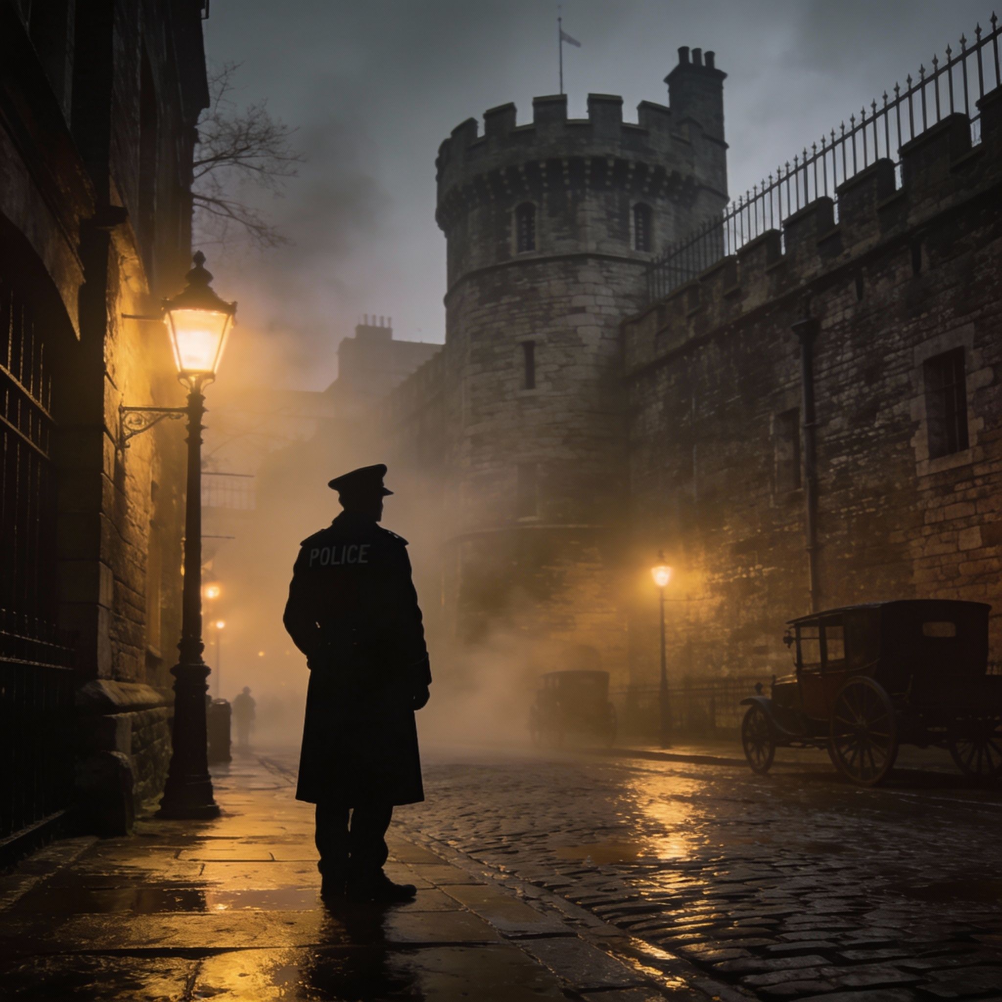 A foggy Victorian London street scene, gas lamps casting a dim glow on cobblestones, with a silhouette of a police officer in the foreground and the imposing walls of a prison in the background.