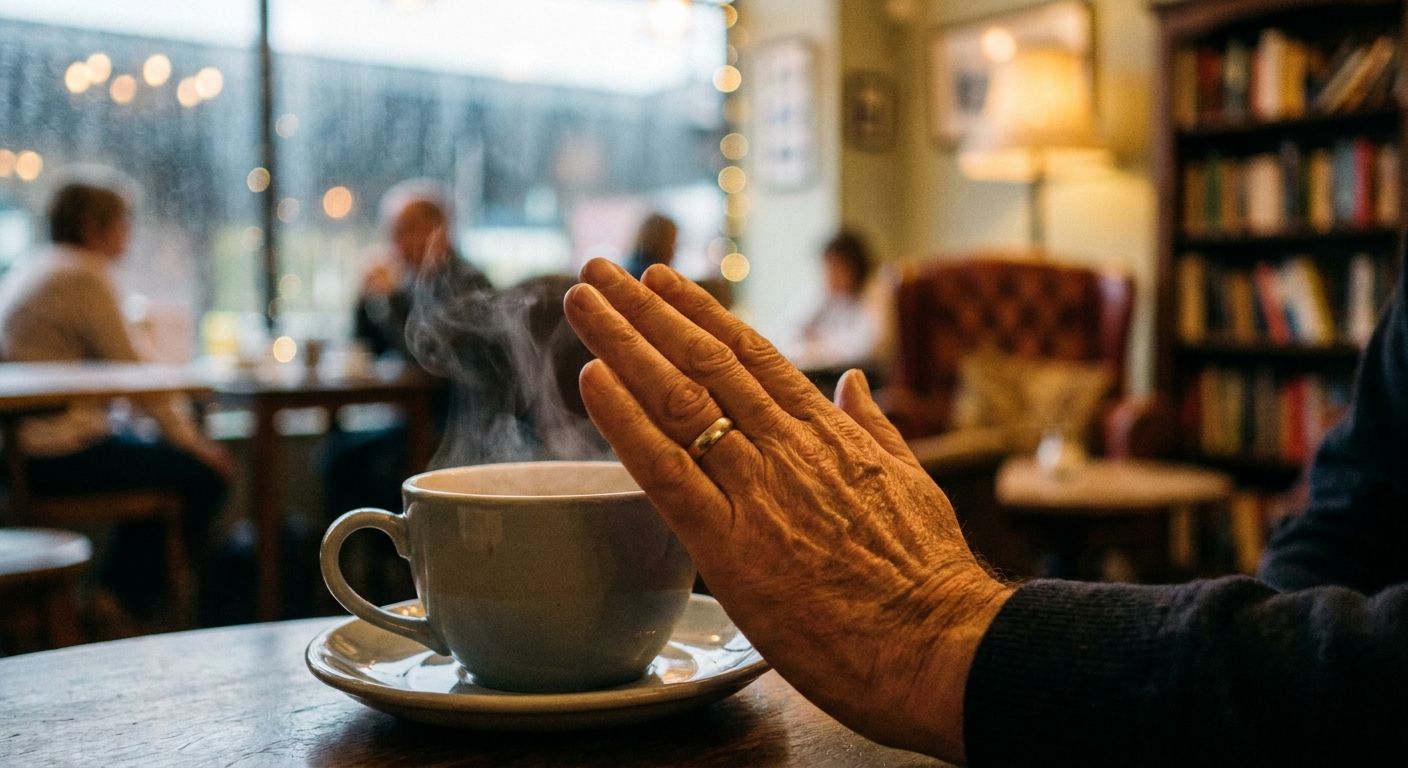 A close-up, dramatic photograph captures a person's hand gently but firmly pushing away a steaming teacup, indicating a polite refusal. The scene is set in a vibrant, softly lit British cafe, with the background softly blurred to emphasize the gesture of abstention.