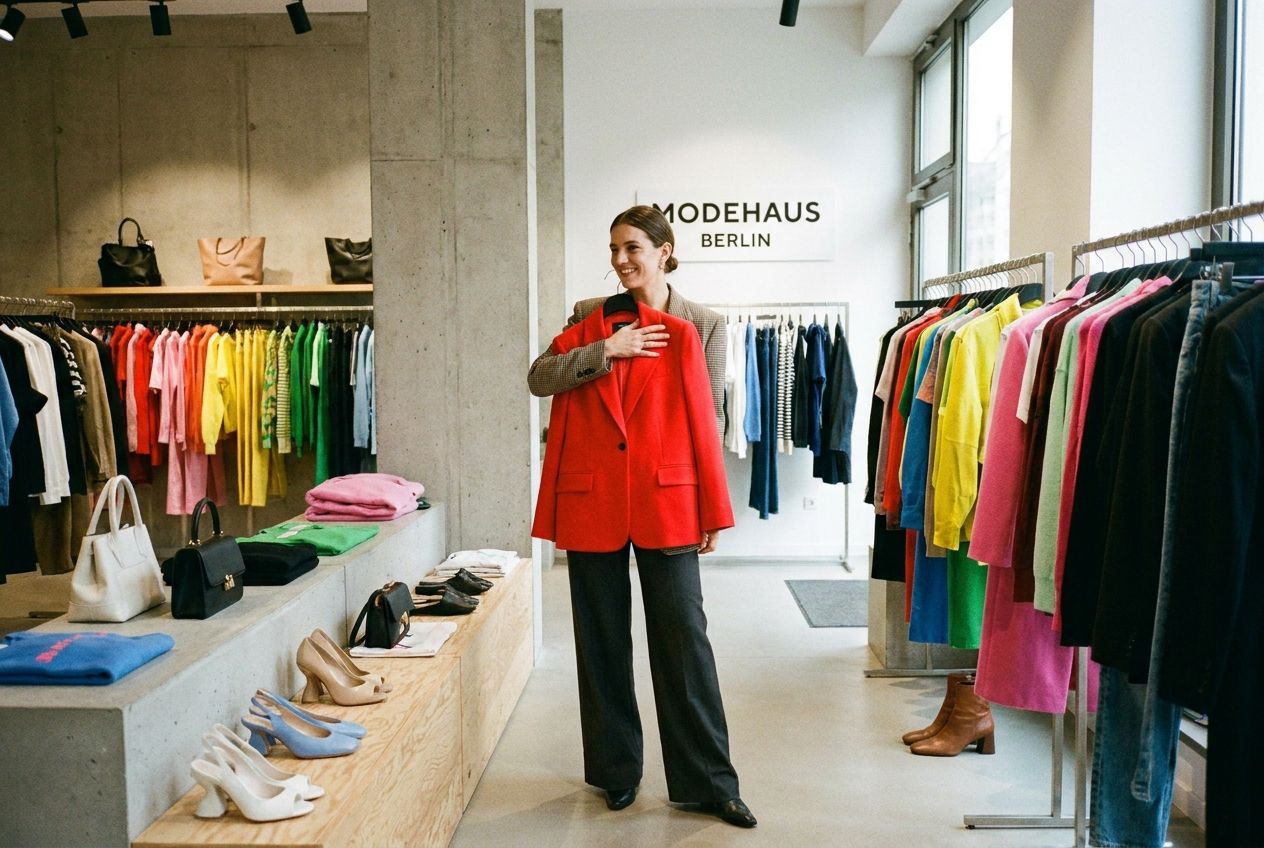 A stylish woman in a modern German clothing store, smiling as she holds up a vibrant red jacket to consider, with a display of various colourful clothes and accessories like bags and shoes in the background. A vivid, fashion-forward photograph in a 3:2 landscape frame.