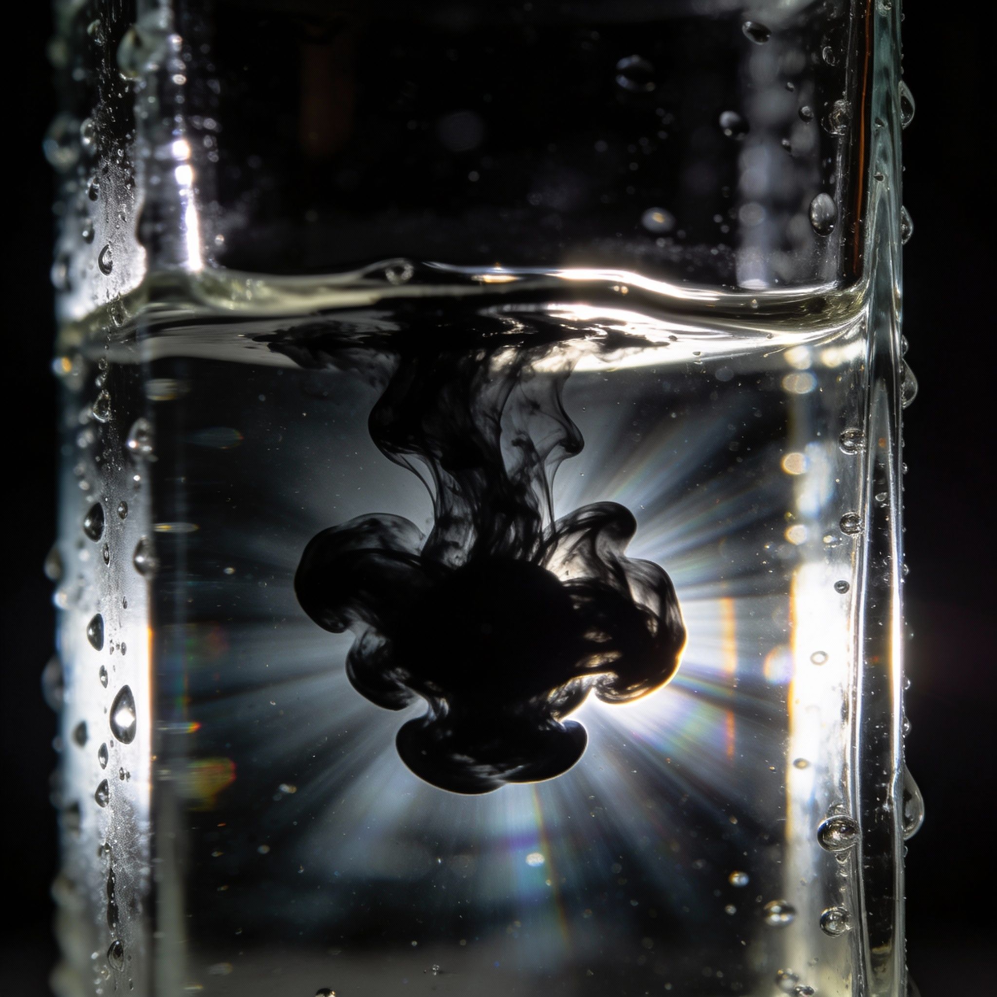 Close up of a single drop of ink blooming in a glass of clear water, refracting light, macro photography, dramatic lighting.
