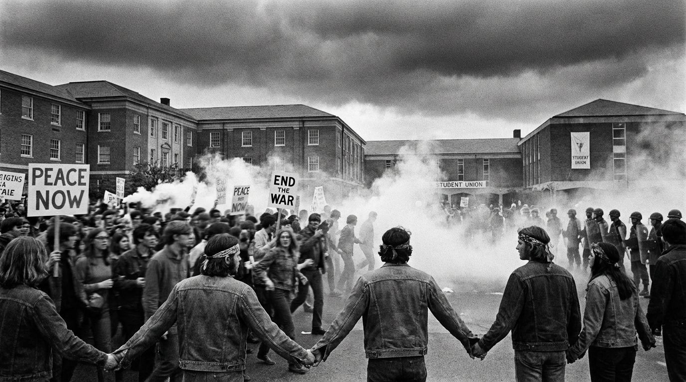 A dramatic, wide-angle photograph of a turbulent scene on an American university campus in the late 1960s, with a diverse crowd of young student protestors facing an unseen force, amidst a haze of smoke or tear gas under a dramatic, overcast sky, conveying a sense of societal division and conflict.