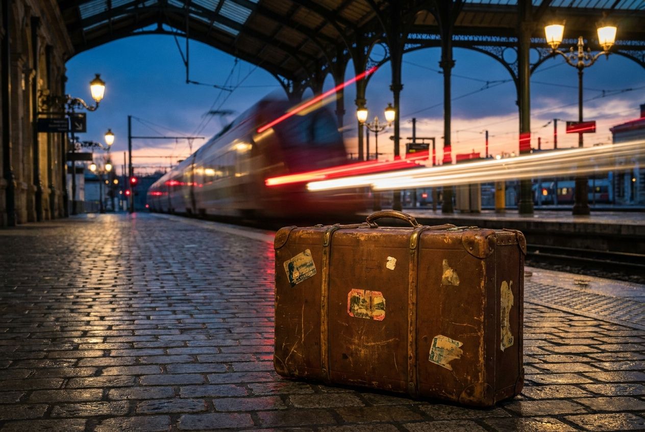A beautiful, slightly worn vintage leather suitcase sits alone on the cobblestone platform of an old, grand French train station at dusk. In the blurred background, the lights of a departing train streak past, emphasizing a sense of missed connection or delay. Dramatic, moody photograph, 3:2 landscape.