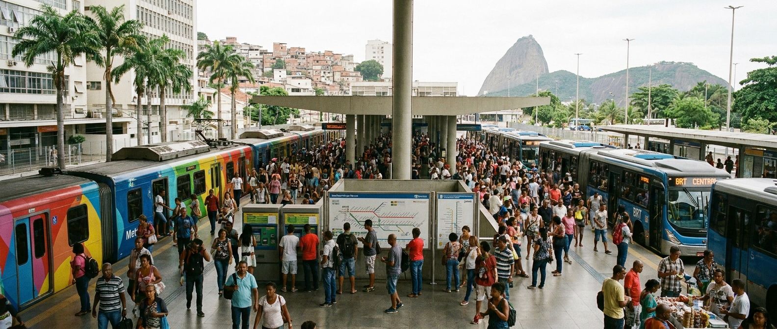 A wide, horizontal shot of a bustling public transport hub in a vibrant Brazilian city like Rio de Janeiro or São Paulo. Diverse Brazilian people are seen navigating the station, some waiting for a metro train or a colorful bus, others looking at route maps or interacting with ticket machines, all captured in a realistic photographic style with natural daylight.