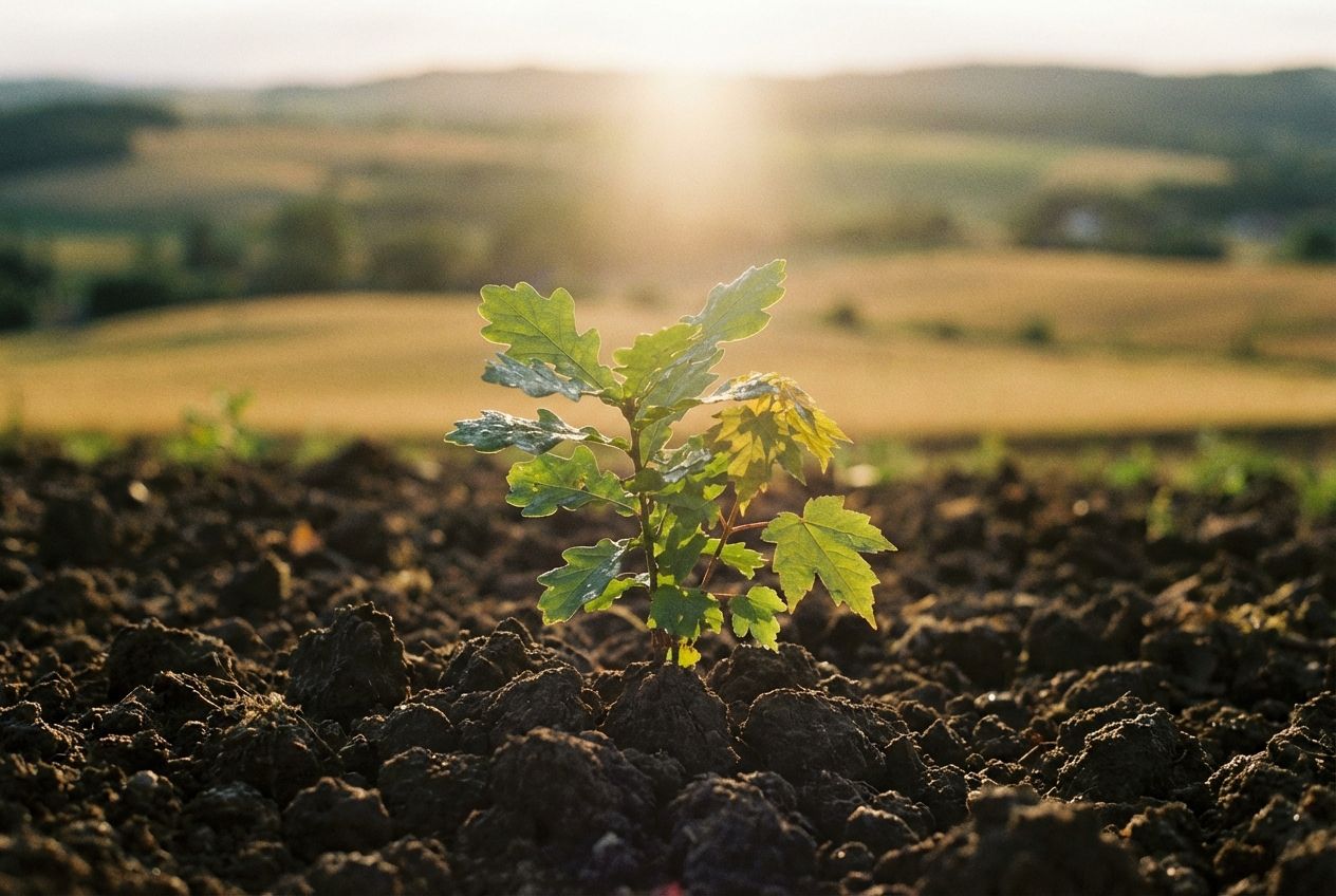 A dramatic close-up photograph of a vibrant, healthy young sapling pushing through rich, dark soil, its leaves reaching towards a soft, warm light from above. In the blurred background, a wide, sun-drenched landscape stretches out, symbolizing potential and future expansion, composed for a 3:2 landscape frame.