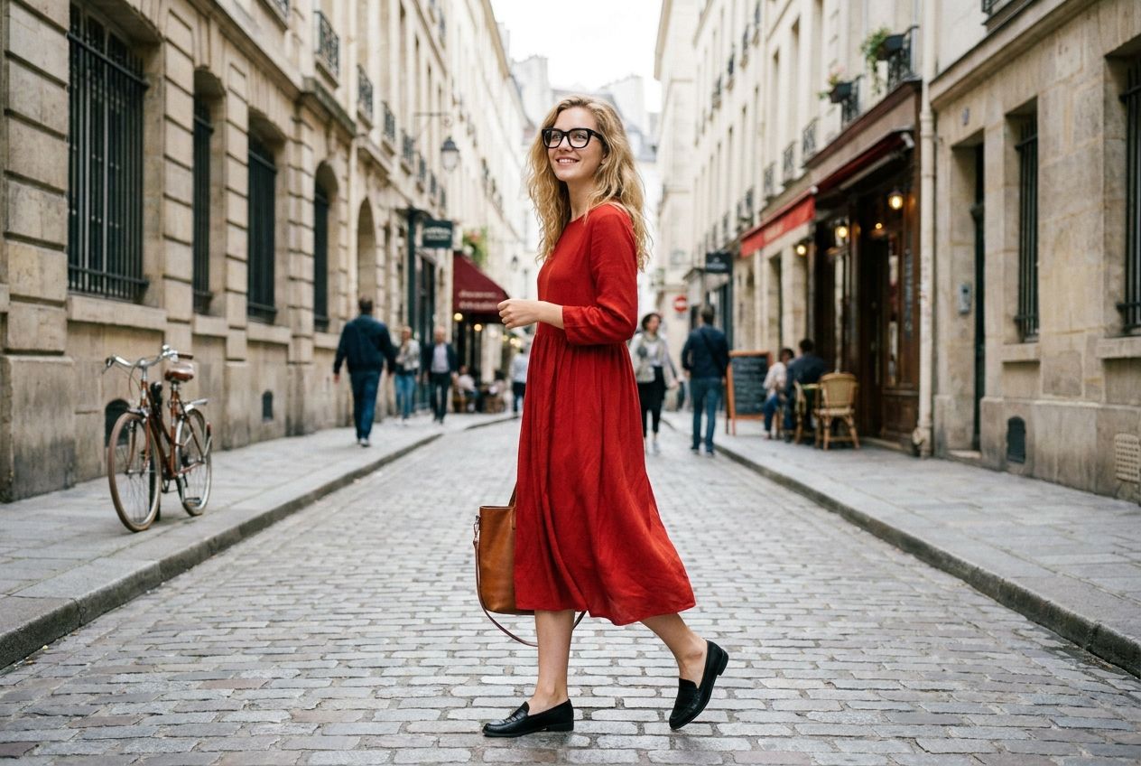A stylish young woman walking down a charming Parisian street, her vibrant outfit featuring a red dress or a green shirt, complemented by black shoes and chic black glasses. Her blond hair flows gently, and her expressive blue, green, or brown eyes are clearly visible, captured in a vivid, candid street photography style with soft natural light, composed for a 3:2 landscape frame.