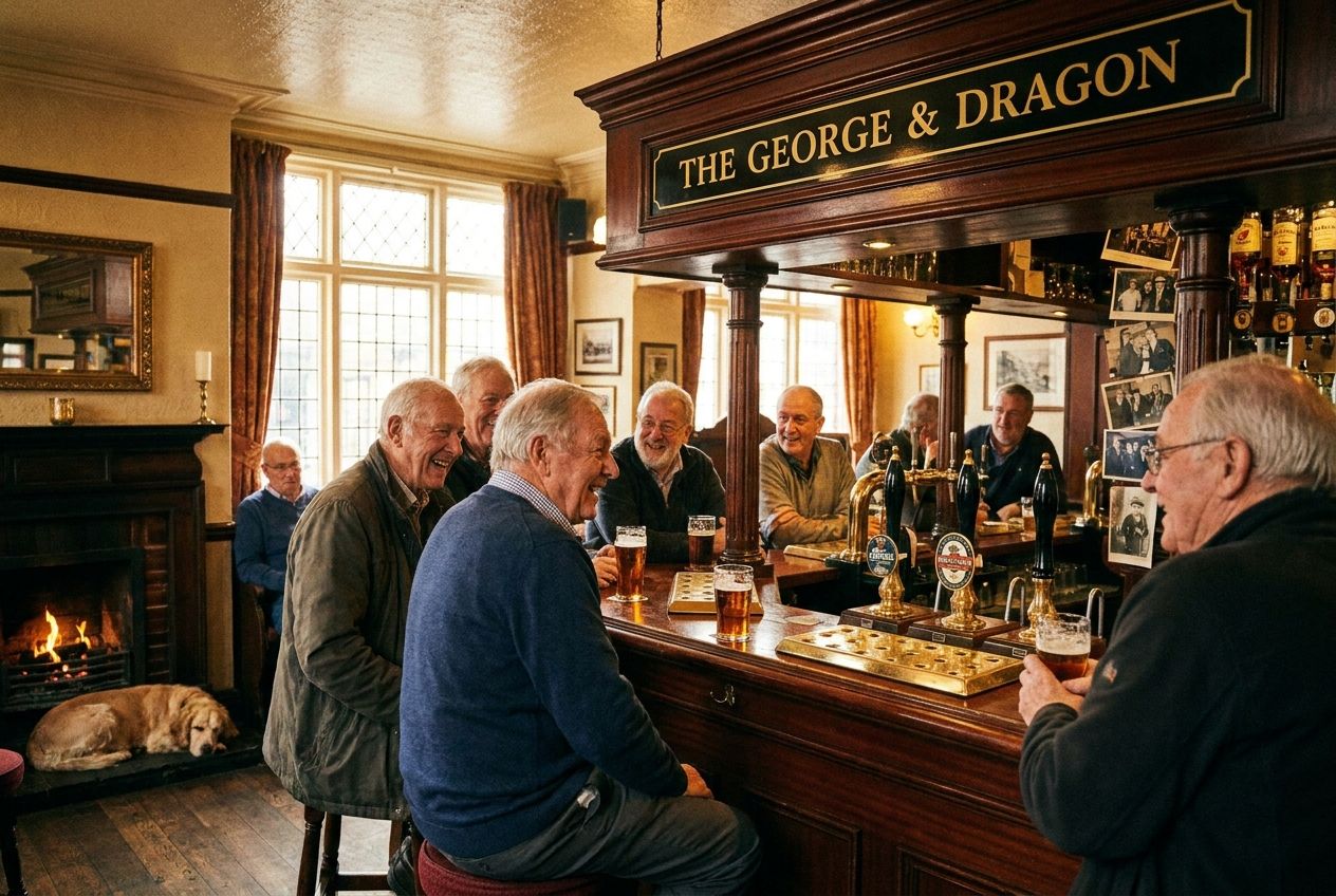A warm, inviting photograph of friends laughing and conversing in a traditional British pub with a rich wooden bar and classic decor. The scene captures a sense of enduring camaraderie and shared history, evoking the passage of time in a cozy, lived-in atmosphere, composed for a 3:2 landscape frame.