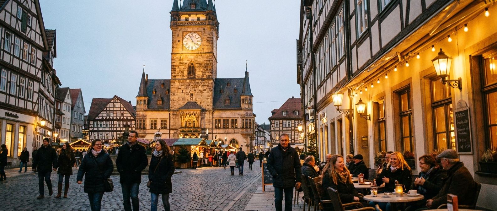A wide-angle photograph of a charming German town square at dusk, with a grand, illuminated clock tower on a historic building dominating the background. In the foreground, people are enjoying an evening stroll or meeting friends at an outdoor cafe, their faces subtly lit by the warm glow of streetlights, creating a sense of timeless European charm.