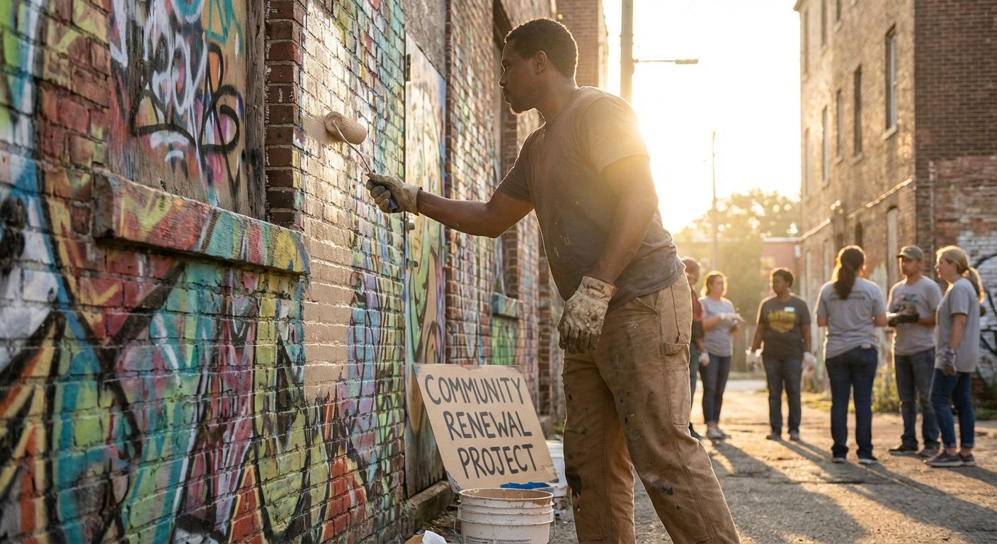 A person diligently painting over colorful graffiti on a weathered brick wall in a sun-drenched urban setting. The image captures the act of transformation and renewal, with a focus on making amends and rebuilding, bathed in warm, hopeful natural light. The scene conveys a sense of positive change and redemption.