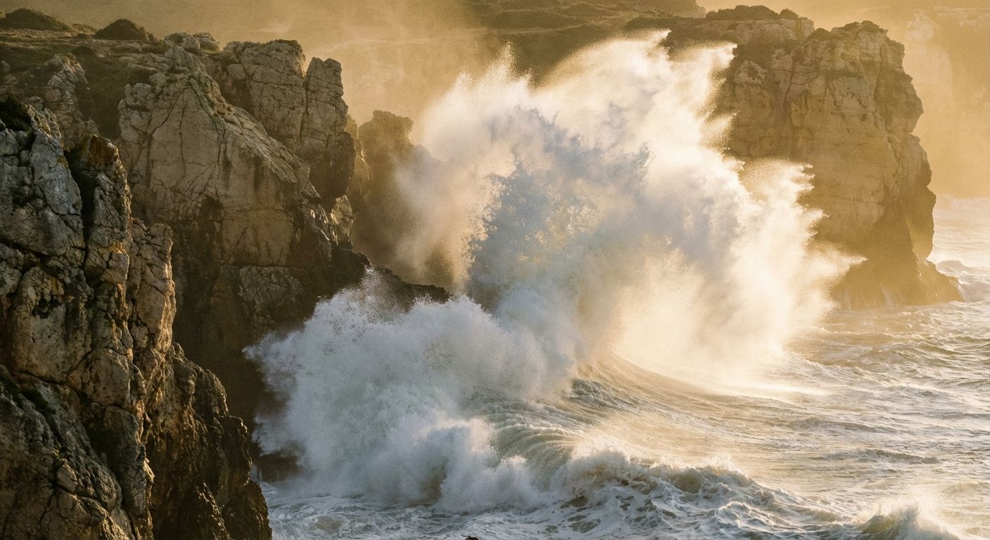 A cinematic, high-shutter-speed photograph of a powerful Atlantic wave breaking against a jagged limestone cliff in Portugal, capturing the explosion of white sea spray and mist. The scene is bathed in the warm, hazy glow of a sunset, emphasizing the textured, sibilant motion of the water.