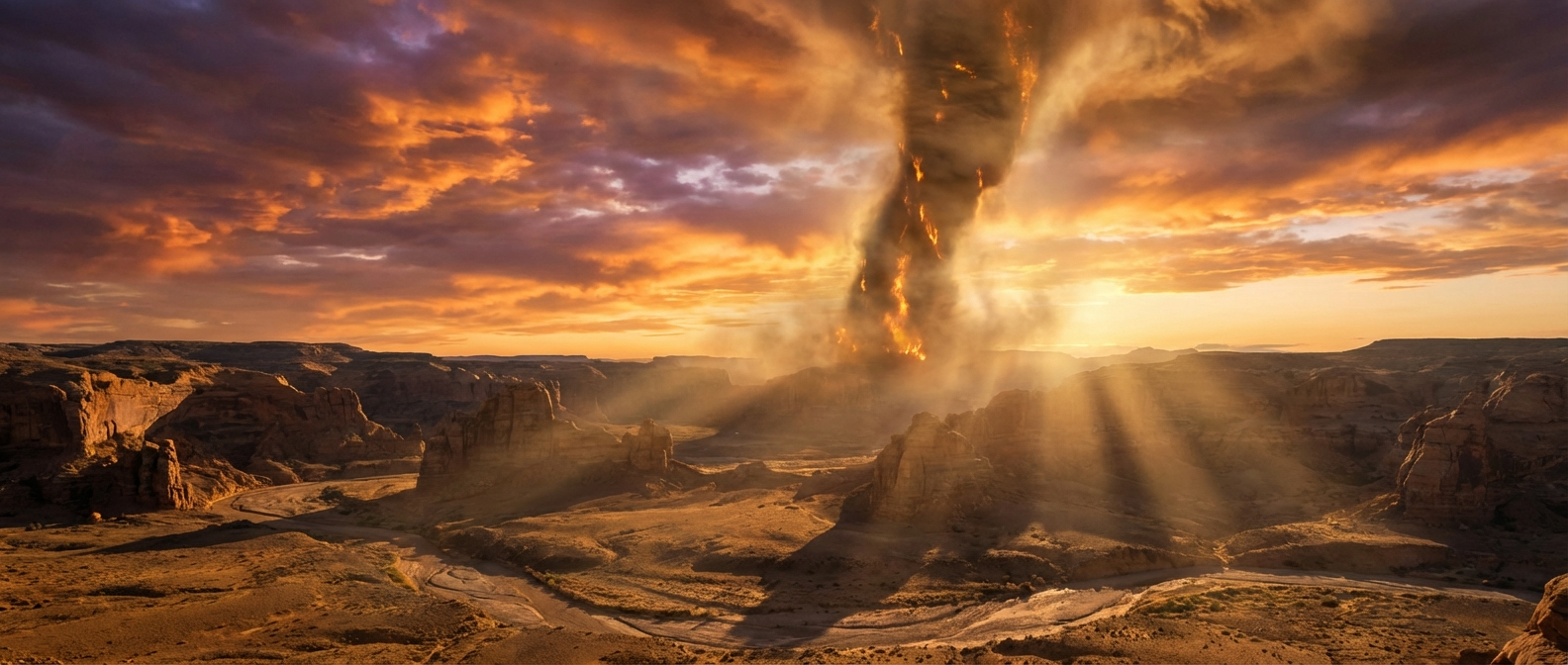 A dramatic wide-angle photograph of a towering pillar of swirling fire and cloud, descending from a vibrant sunset sky over a vast, ancient desert landscape, symbolizing the Shekhinah and divine guidance in Judaism. Ethereal golden light illuminates the rugged terrain, creating a powerful and mystical scene.
