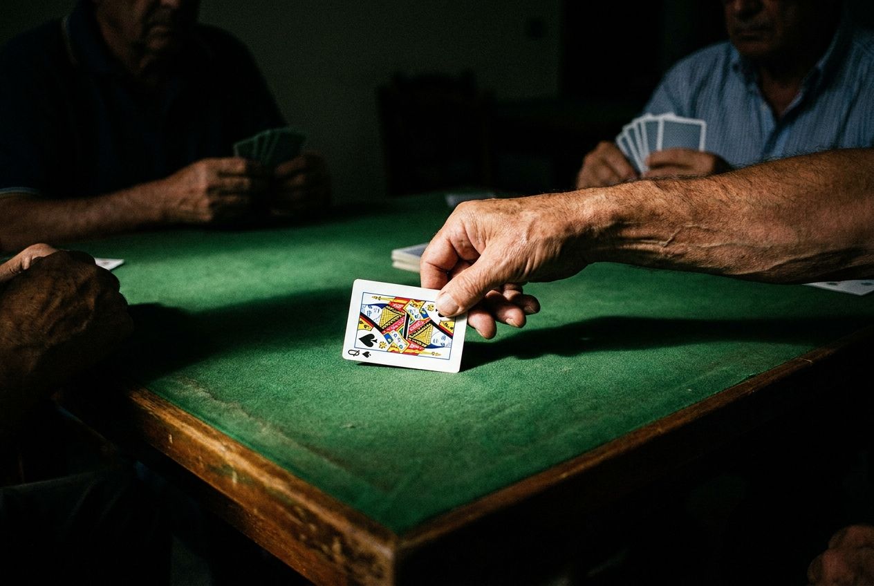 A vivid, high-contrast photograph captures a strategic moment in a bridge game, focusing on a single hand decisively playing a high-ranking card, such as a King or Queen, onto a green felt table. The lighting emphasizes the cards and the intent of the player, conveying the tension and precision of a crucial defensive move, composed for a 3:2 landscape frame.