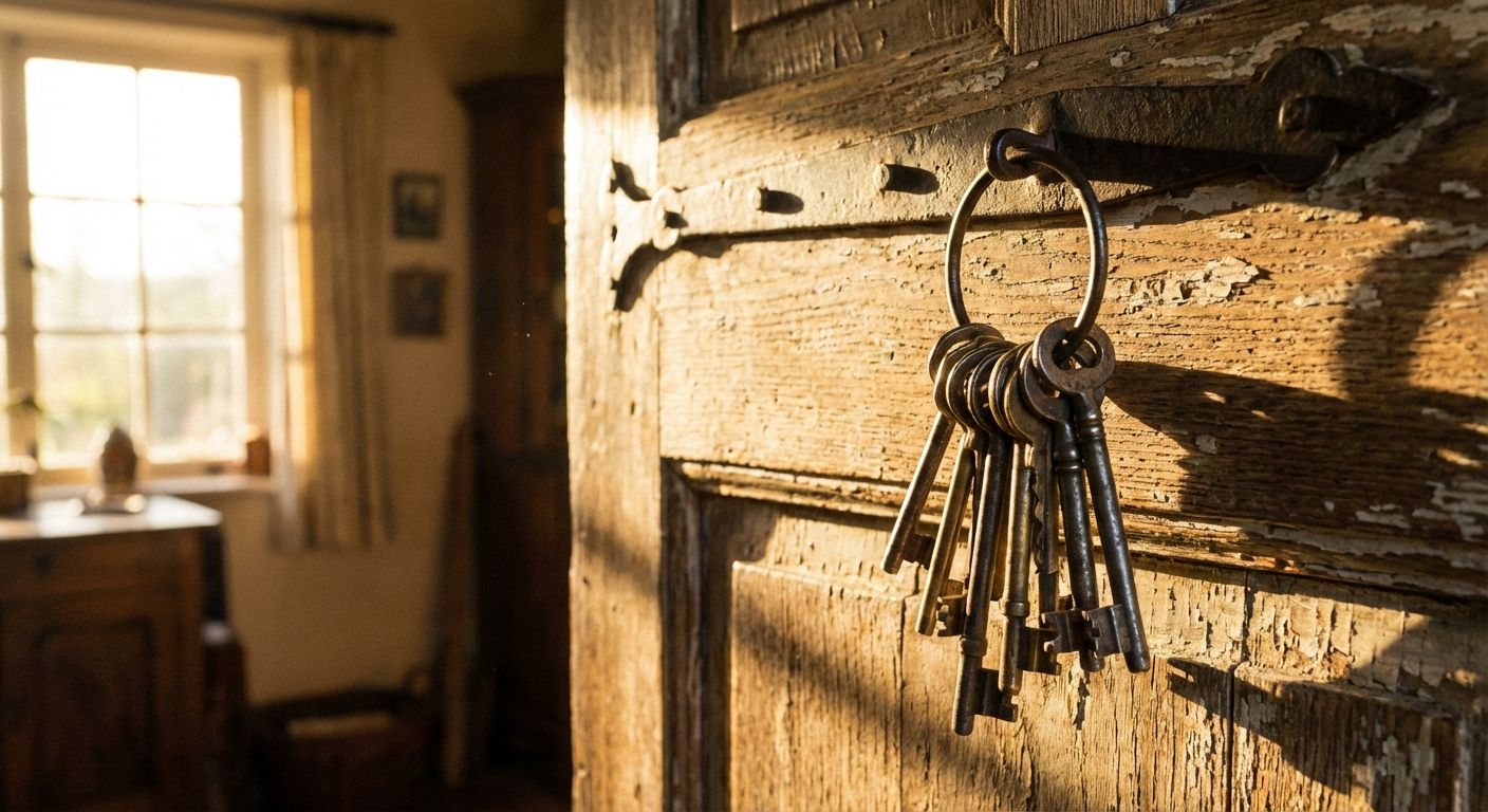 The image is a close-up of an antique wooden door. A ring of old keys hangs from the door. The style is rustic and aged, emphasized by the peeling paint and weathered wood. The dominant colors are warm tones of brown and gold, intensified by the strong sunlight casting sharp shadows.

In the background, a blurred view of an interior room with a window, adding depth and suggesting a lived-in space. The composition focuses on the texture and detail of the door and keys, with the sunlight accentuating their age and character.