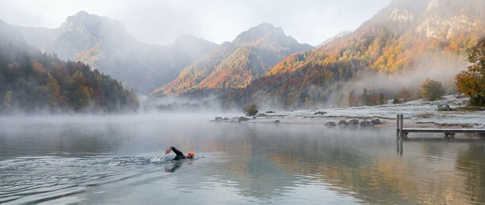 A lone person swimming gracefully in the still, misty waters of a serene lake in the Bavarian Alps during early morning, surrounded by vibrant autumn foliage. There is a subtle hint of frost on the distant shore, emphasizing the cold, yet the swimmer moves with determination. Dramatic, wide-angle photograph with soft, diffused light.