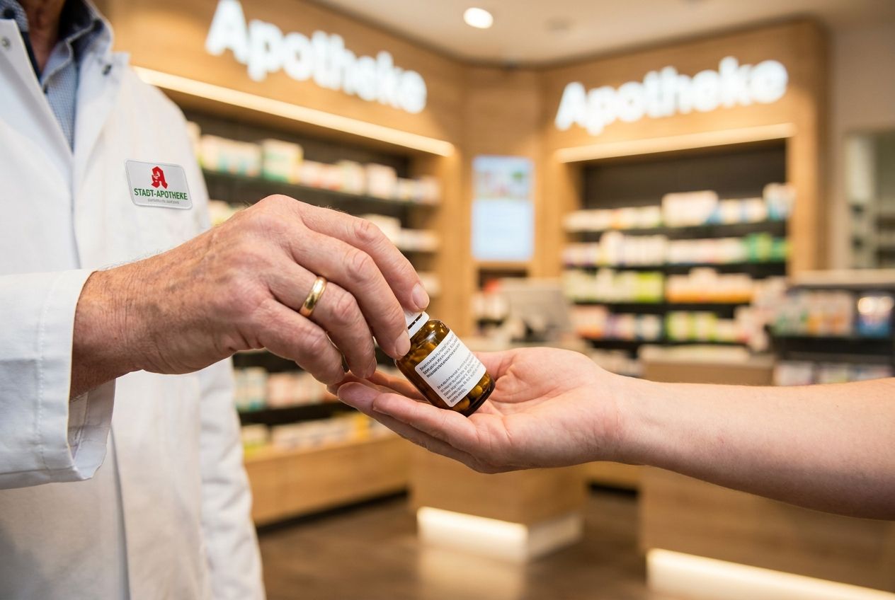 A compassionate German pharmacist's hand gently places a small bottle of medicine into the outstretched hand of a patient, with the modern, well-lit interior of a German Apotheke blurred softly in the background. This dramatic close-up photograph emphasizes care and relief in a healthcare setting, composed for a 3:2 landscape frame.