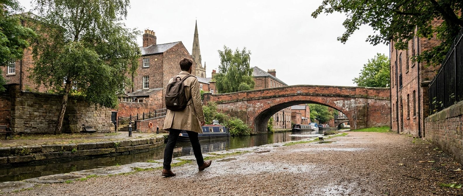 A vivid, wide-angle photograph captures a person walking briskly along a historic canal towpath in a charming British city, with an old brick bridge arching gracefully across the water in the background. The scene is bathed in soft, diffused daylight, highlighting the sense of purposeful movement and exploration.
