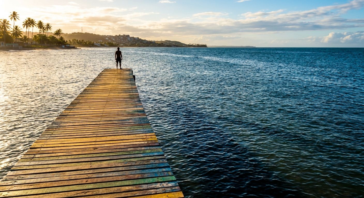 A lone figure stands on a vibrant wooden pier, stretching far into the sparkling blue ocean off the Brazilian coast. The golden light of a setting sun illuminates the path behind them and casts long shadows towards the vast, open horizon, powerfully symbolizing the journey through elapsed time and the endless possibilities of the future.