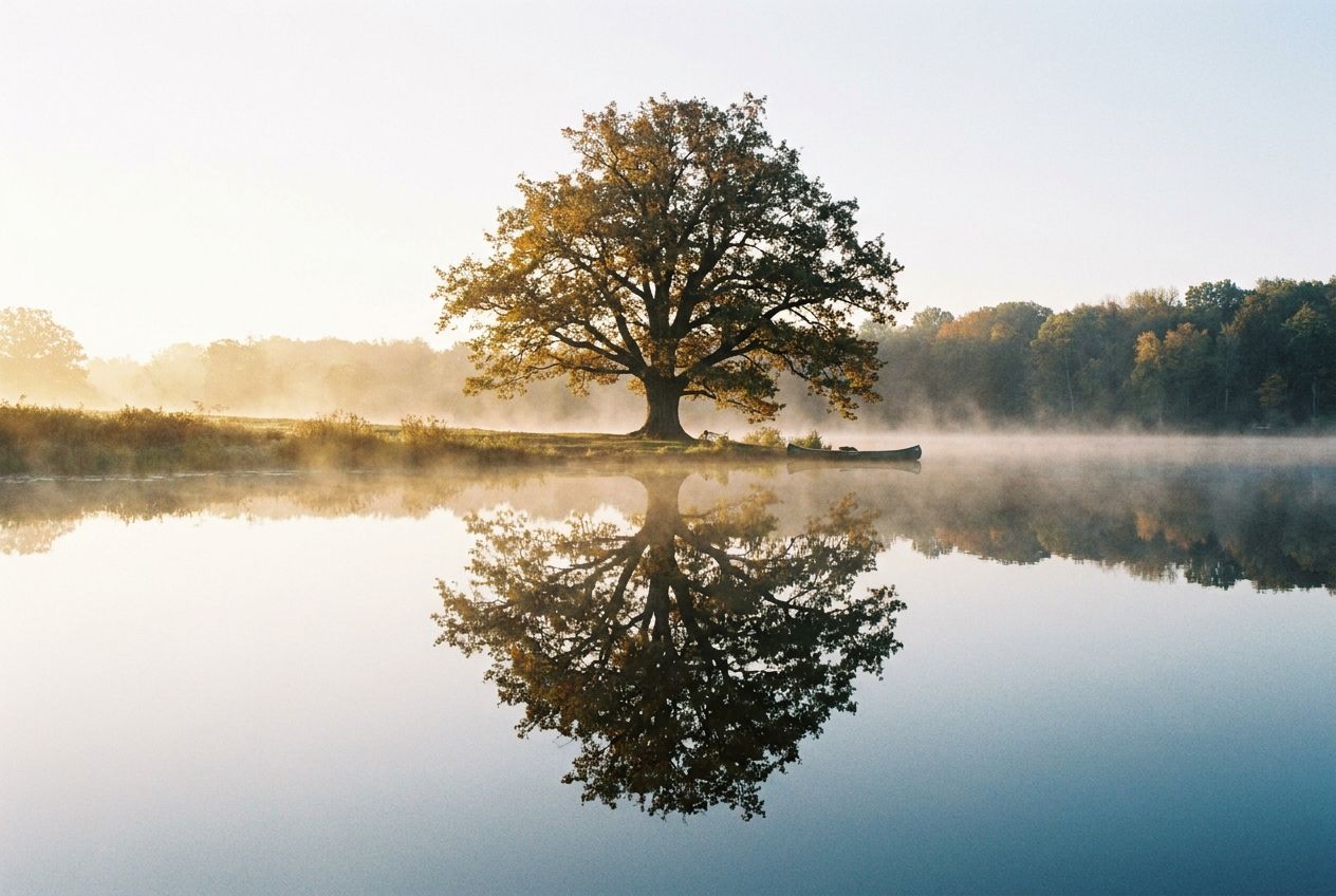 A perfectly still, glassy lake at dawn, reflecting a majestic, solitary tree with absolute clarity, creating a striking symmetrical double image. Soft, golden light illuminates the scene, composed for a dramatic 3:2 landscape photograph.