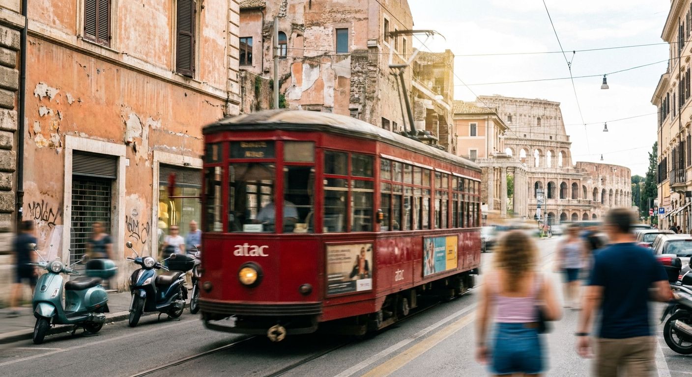 A vibrant photograph of a classic red tram in motion on a historic street in Rome, Italy, with blurred people and ancient architecture in the background, capturing the essence of urban travel and daily movement in a beautiful Italian city.