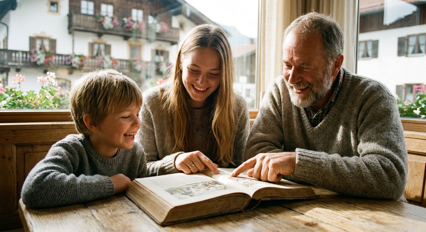 A warm, close-up photograph captures a multi-generational German family – a child, a young woman, and an older man – smiling and sharing a happy moment over an open, old-fashioned book at a rustic wooden table in a sunlit Bavarian cafe, with hints of traditional architecture softly blurred in the background.