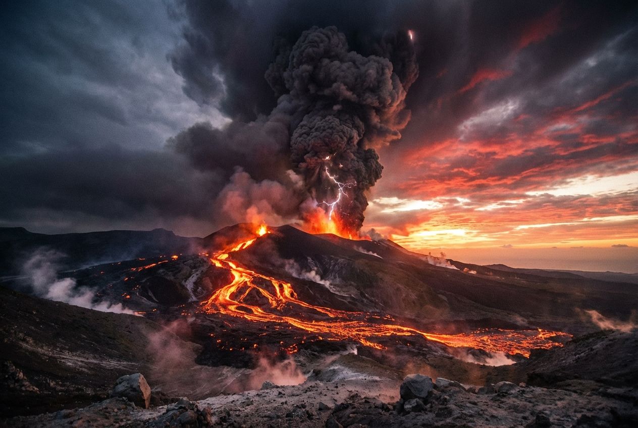 A dramatic, wide-angle photograph of a powerful volcanic eruption at twilight. Molten lava flows intensely down the volcano's side, glowing brightly against the darkening sky, with a vast plume of ash and smoke rising high above, conveying the raw, shaping power of the Earth in a 3:2 landscape frame.