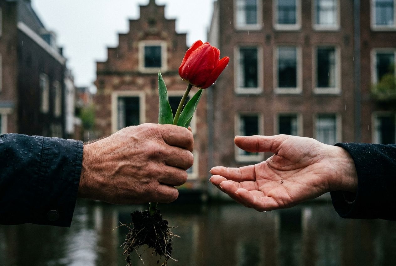 A close-up, dramatic photograph of two hands in a Dutch setting; one hand holds a single, vibrant red tulip, while the other hand is conspicuously empty and open, illustrating the fundamental choice between presence and absence. The background shows a softly blurred traditional Dutch canal house in a 3:2 landscape frame.