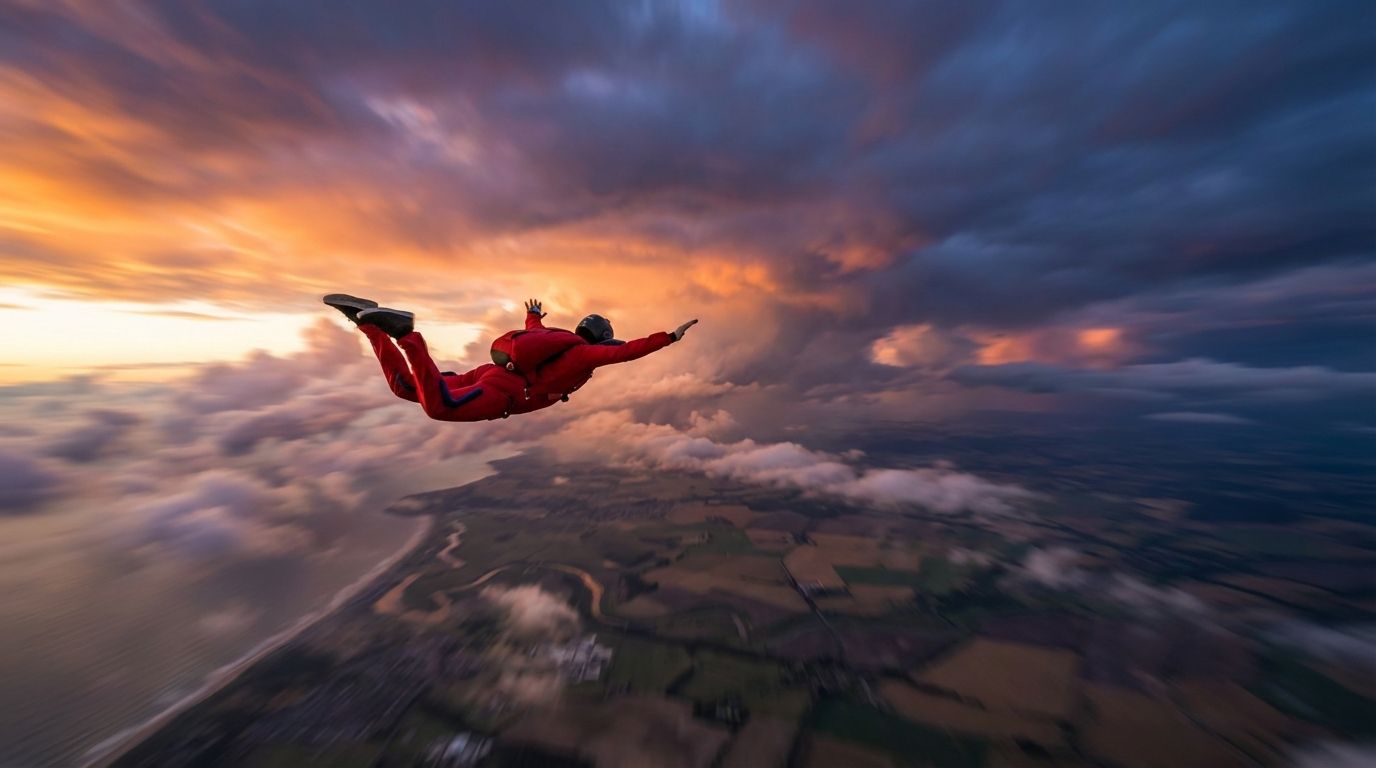 A wide-angle photograph of a solo skydiver in a vibrant red jumpsuit, freefalling against a dramatic, cloud-filled sky at sunset, with the distant earth visible below. The skydiver is mid-air, arms and legs slightly spread, conveying a sense of speed and balanced forces, captured with sharp focus and dynamic motion blur in the background.