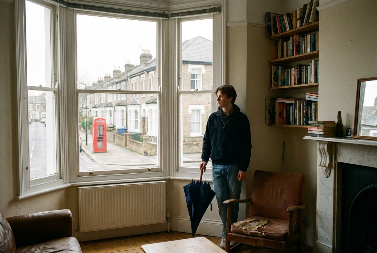 A thoughtful young person stands by a large window in a cozy British living room, gently holding a closed umbrella. Outside, a classic London street with terraced houses and a red telephone box is visible under an overcast sky, but the pavement is dry, capturing a moment of quiet contemplation or subtle inquiry. Vivid photograph, natural light, 3:2 landscape.
