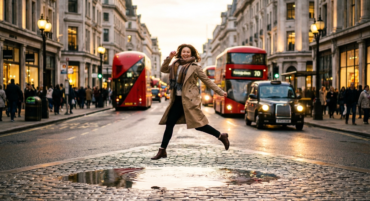 The image is a street scene in London, captured in a realistic and slightly warm style. The subject is a young woman mid-jump over a puddle in the foreground. She is wearing a tan trench coat, dark pants, and brown boots, with a patterned scarf. The composition is centered on the woman, with the street stretching into the distance, lined with tall buildings. Classic red double-decker buses and a black taxi add to the London atmosphere. Soft lighting creates a golden hour effect, reflecting in the puddle and wet pavement. Pedestrians are blurred in the background, adding depth. Overall, the image conveys a sense of spontaneity and joy in an urban setting.