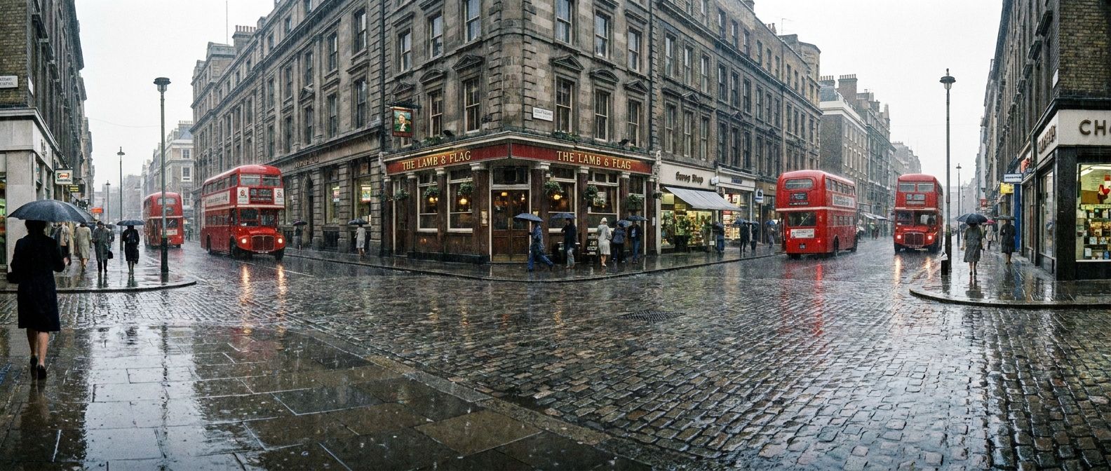 A vivid, wide-angle photograph capturing a classic British street scene on a relentlessly rainy day. Wet cobblestones reflect the continuous downpour, with blurred figures of people passing by under umbrellas, conveying a sense of ongoing time and activity.