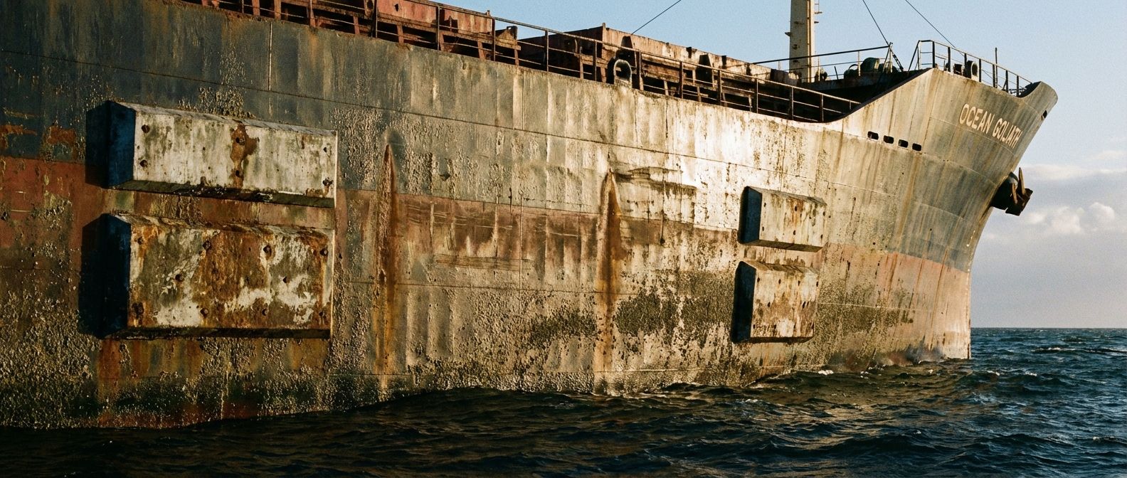 A dramatic, wide-angle photograph of the weathered steel hull of a large cargo ship, partially submerged in dark, choppy water. Prominent sacrificial zinc anodes are clearly visible, bolted onto the side of the hull, contrasting with areas showing minor rust streaks and the aged texture of the metal. The scene is illuminated by strong, raking natural light, emphasizing the textures and the vast scale of the vessel.