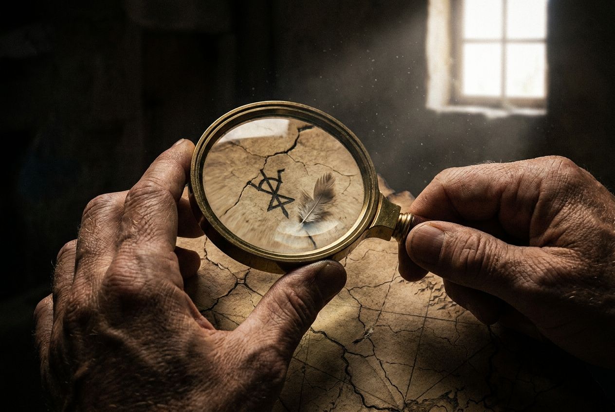 A dramatic close-up photograph of a person's hands holding a magnifying glass, intently examining a subtle, intriguing detail on a textured surface. The scene evokes a sense of mystery and investigation, with chiaroscuro lighting emphasizing the act of discovery, composed for a 3:2 landscape frame.