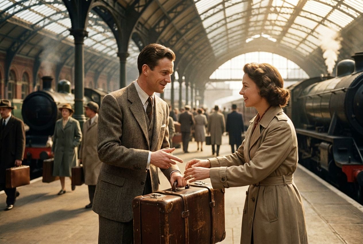 A candid, cinematic photograph of a polite interaction at a bustling, elegant British train station. One person gestures towards a heavy, vintage suitcase, making an implied request for assistance to another smiling person. The scene is bathed in warm, natural light, highlighting classic British architecture in the background, captured in a 3:2 landscape frame.