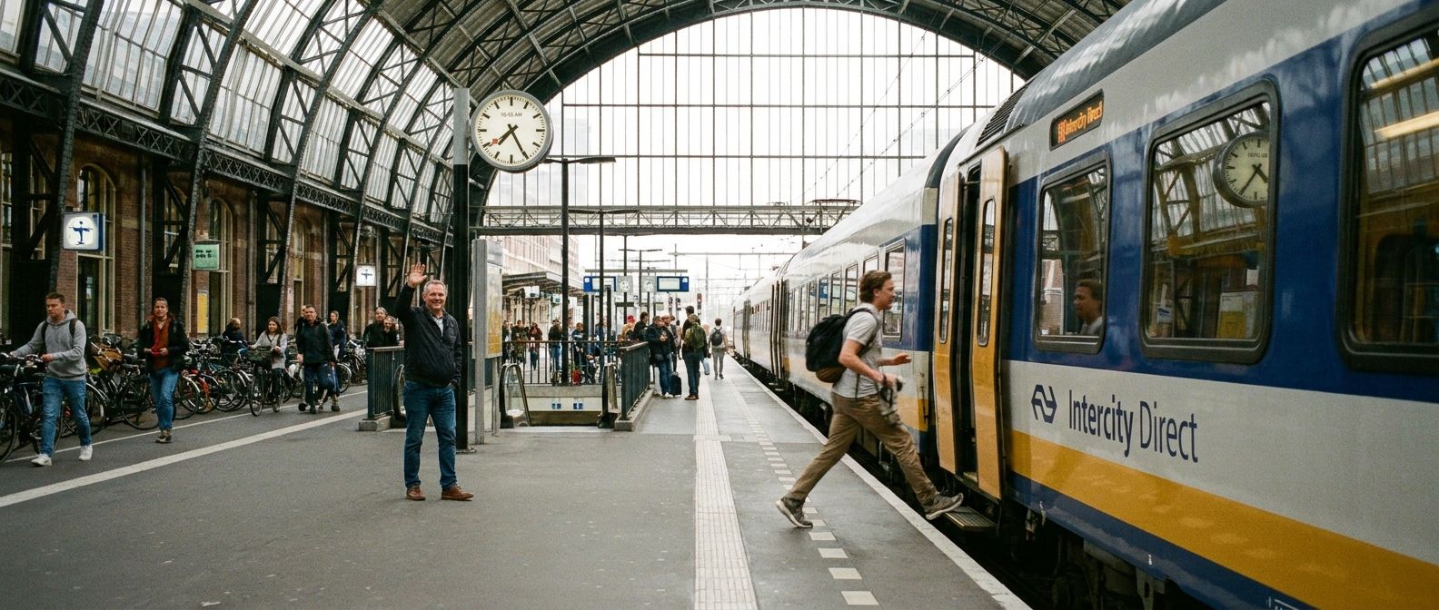 A wide-angle photograph of a bustling train station platform in a Dutch city, with a person mid-stride stepping onto a modern train, while another person on the platform waves goodbye. The scene is filled with natural light, capturing the dynamic transition of travel and departure.