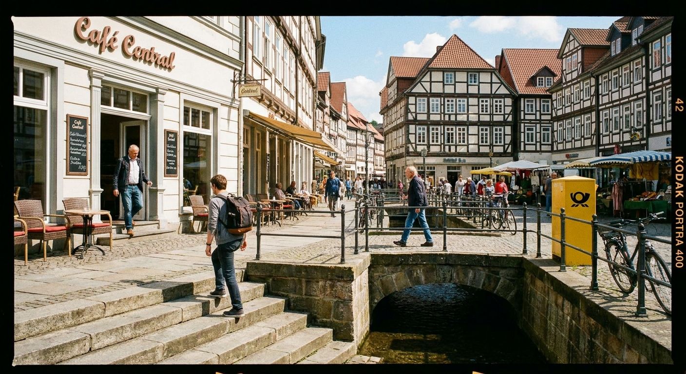A vibrant, candid street photography shot captures people navigating a charming, historic German town square on a sunny day. In the foreground, a person walks up a short set of stone steps, while another emerges from a cafe entrance, and in the midground, someone crosses a small pedestrian bridge. A bright yellow Deutsche Post box is visible in the background, adding a touch of local color to the bustling scene.