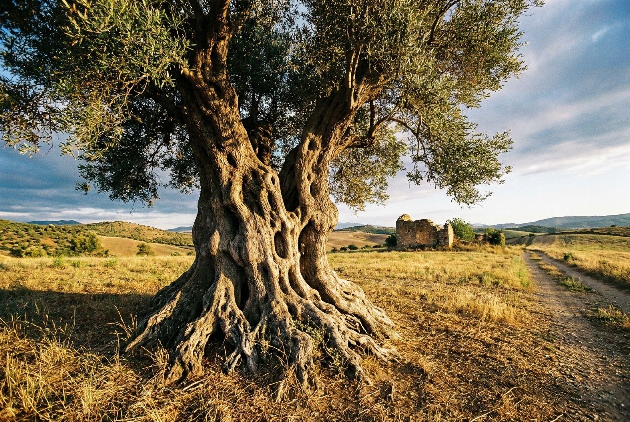 A dramatic, wide-angle photograph of a majestic, ancient olive tree with deeply gnarled, exposed roots, standing alone in a sun-drenched field in rural Spain. Golden hour light bathes the scene, highlighting the tree's powerful, enduring presence and the vastness of the Spanish landscape, perfectly composed for a 3:2 landscape frame.