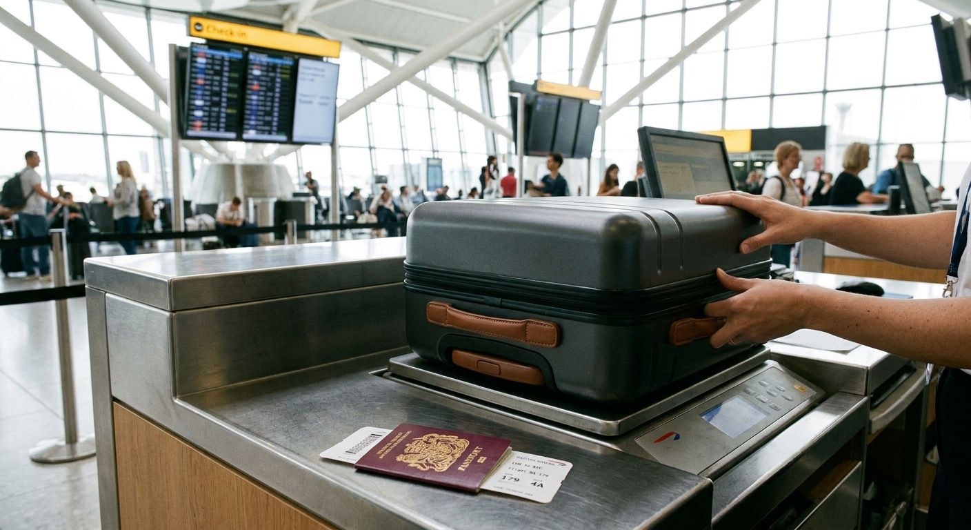 A close-up, vivid photograph of a person's hands placing a sleek, modern carry-on suitcase onto luggage scales at an airport check-in desk, with a passport and a boarding pass clearly visible on the counter. The background features a bright, contemporary airport terminal, conveying a sense of efficient travel.