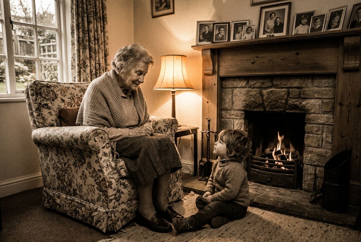 A warm, nostalgic photograph of an elderly British grandmother, with kind eyes and a gentle smile, sitting comfortably in an armchair by a crackling stone fireplace in a cozy, traditional cottage living room, telling a captivating story to a young child who is listening intently. Soft, golden light from the fire and a nearby lamp illuminates their faces, creating a serene and timeless atmosphere in a 3:2 landscape frame.