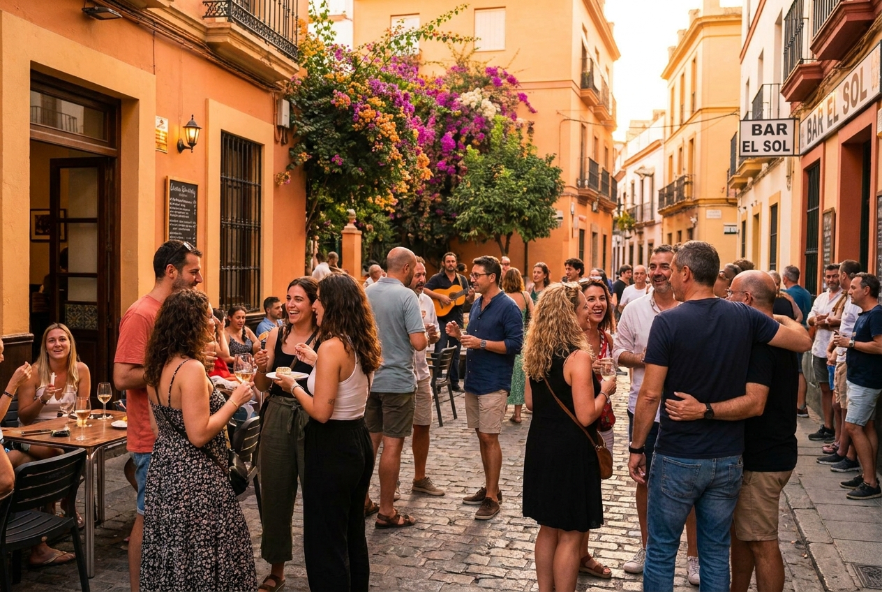 A lively group of diverse Spanish-speaking people socializing on a vibrant street in Seville, Spain. The scene captures various individuals with different hair colors and styles, heights, and builds, engaged in conversation and laughter. The photograph is taken during golden hour, with warm, inviting light, composed for a 3:2 landscape frame.