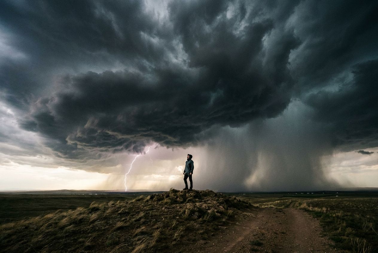 A dramatic, wide-angle photograph of a person standing on a hill, looking up at an intensely dark and turbulent sky, filled with heavy storm clouds. A distant flash of lightning illuminates the horizon, highlighting the clear visual evidence of an impending downpour, composed for a 3:2 landscape frame.
