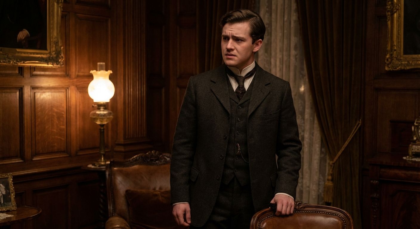 A young man in his early twenties, dressed in a sharp Edwardian suit, stands in a grand, dimly lit drawing-room. He is caught in a moment of deep internal conflict, his expression a mix of 'half shy, half assertive,' as he gazes past the viewer into the shadowed opulence of the room. The scene is rich with period detail, conveying a sense of hidden tension and unease.