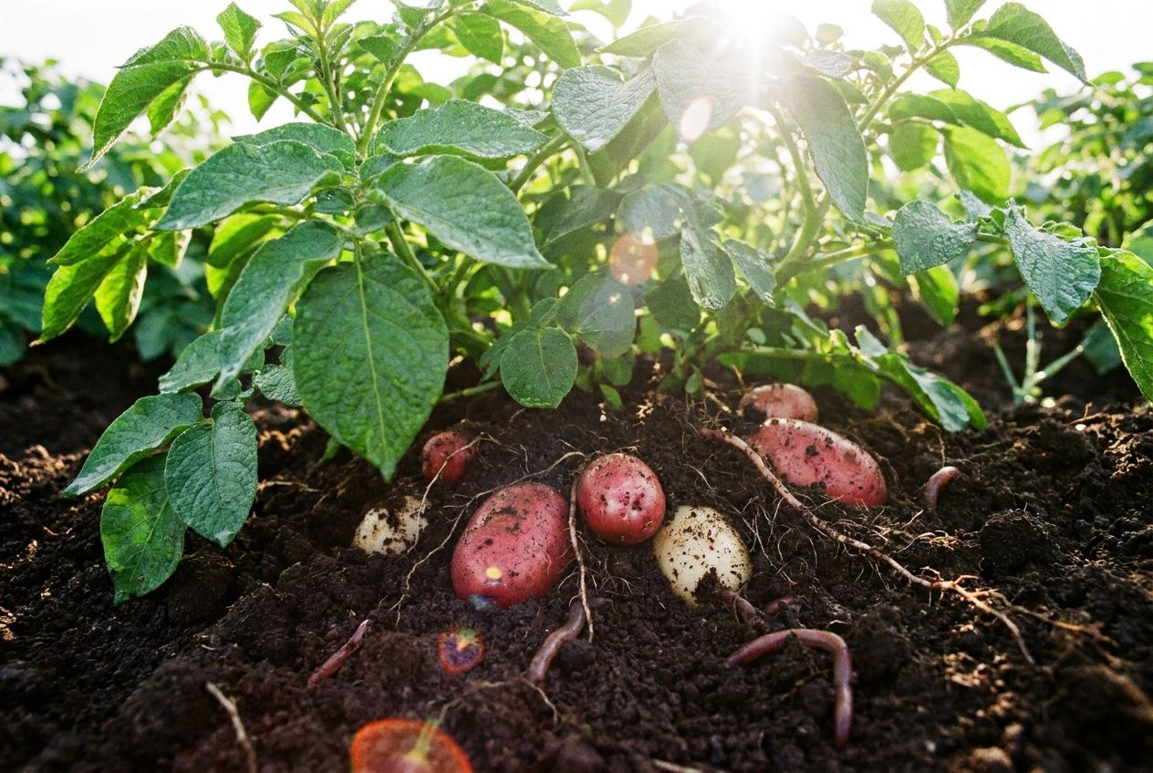 A vivid, close-up photograph of a thriving potato plant in rich soil. Bright sunlight illuminates its lush green leaves, while partially exposed, developing potato tubers are visible beneath the surface. The scene beautifully captures the plant's vital energy and the relationship between its productive foliage and its growing storage organs, composed for a 3:2 landscape.