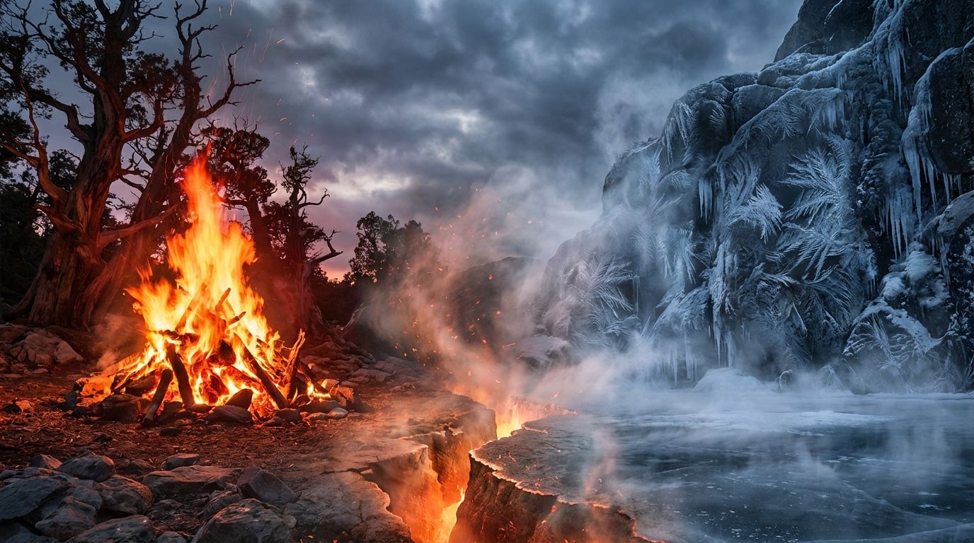 A dramatic wide-angle photograph captures a dynamic transformation: on one side, brilliant orange and red flames burst forth, casting a warm, intense glow, while on the other, intricate frost patterns rapidly crystalize across a dark surface, emanating a cold, ethereal mist. The scene emphasizes the powerful exchange of energy.