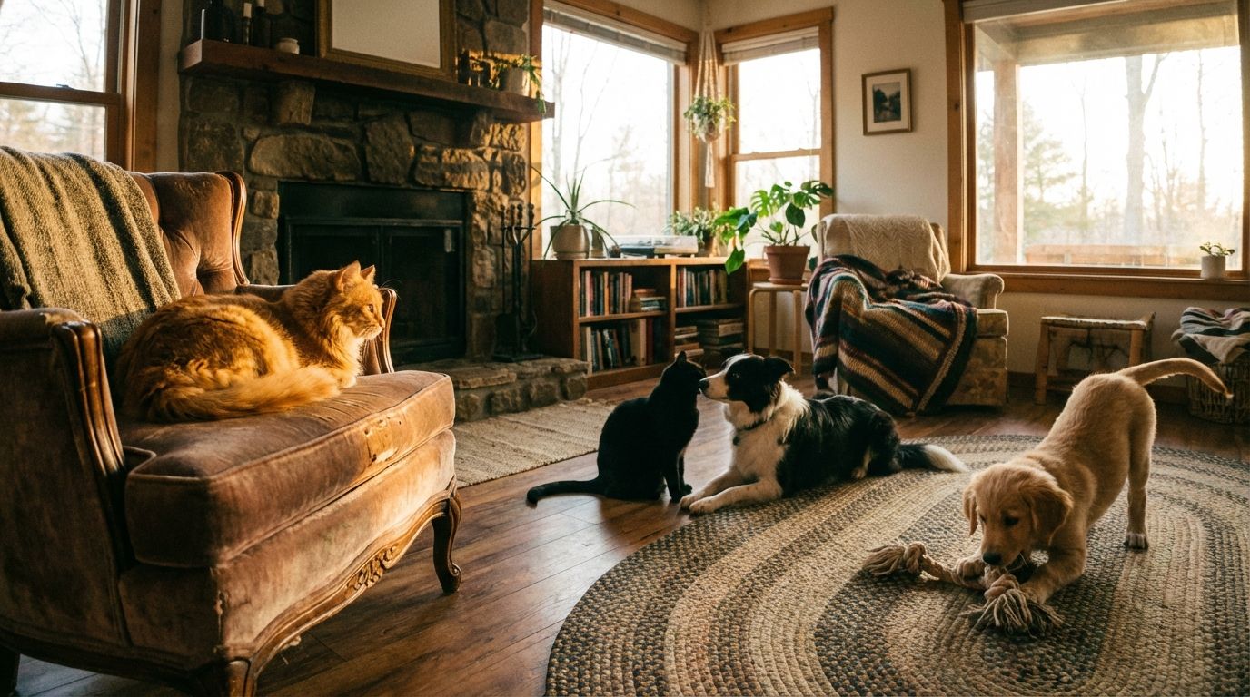 A wide-angle photograph of a cozy living room, bathed in warm, natural light. On the left, a fluffy cat is curled up alone on an armchair, observing. On the right, a playful dog is chewing a toy by itself on a rug. In the center, a cat and a dog are gently nuzzling each other on the floor, showing affection and peaceful coexistence.