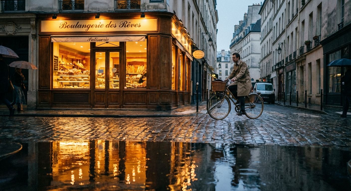 This is a cinematic street scene in Paris, captured in the evening or early morning light after a rain. The color palette is a mix of warm and cool tones, with the warm golden glow emanating from a boulangerie contrasting against the cooler, muted tones of the wet cobblestone streets and the surrounding buildings. A man in a trench coat rides a bicycle down the center of the street. The bakery's reflection is strong on the wet street. The composition is balanced, with the bakery occupying a prominent spot on the left side, and the cyclist centrally placed. The overall mood is peaceful and atmospheric.