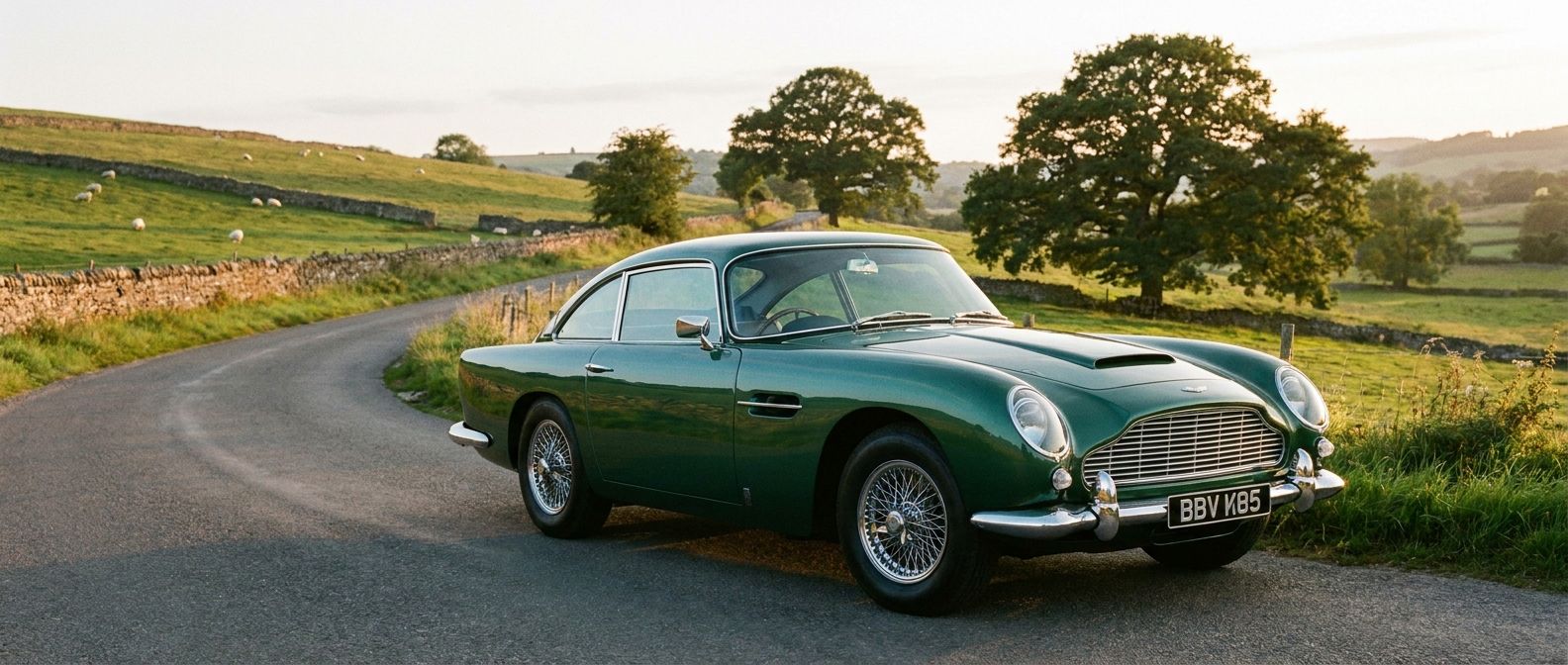 A pristine, classic British racing green Aston Martin DB5, gleaming under the golden hour sun, parked on a winding country road in the rolling hills of the English countryside. The car stands out as the epitome of automotive beauty and luxury, captured in a wide, horizontal frame.