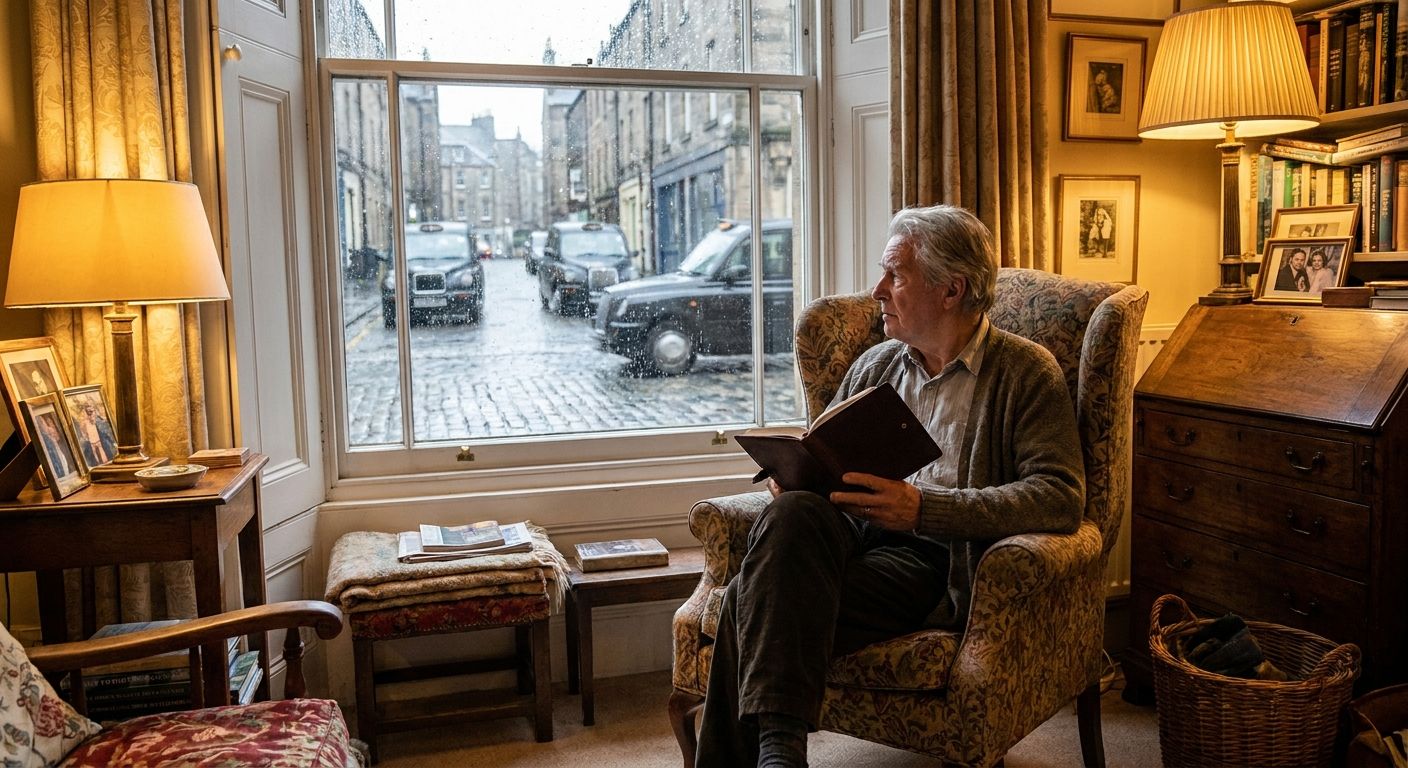A solitary figure, an older person with a contemplative expression, sits in a classic British armchair by a window, holding an old, leather-bound journal. Their gaze is directed towards a softly lit, rainy London street outside, with diffused light illuminating the cozy, traditional room, evoking a quiet moment of reflection and recounting.
